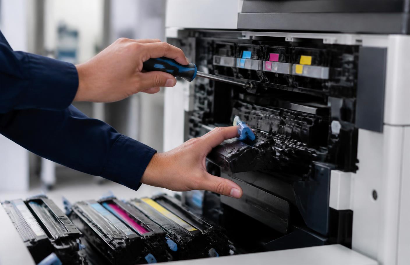 A factory-certified technician servicing the internal components of an office copier